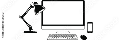 Minimalist desktop silhouette, modern workstation, computer monitor, keyboard mouse, smartphone, desk lamp, clean workspace, remote work, productivity, digital office illustration