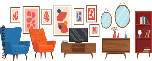 Modern living room interior set with furniture armchairs cabinet tv decor elements flat vector illustration collection