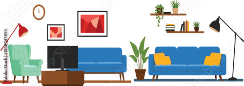 Modern Living Room Interior Vector Illustration Featuring Sofa, Armchair, TV, Shelves, Plants, and Home Decor Furniture in Cozy Flat Design Style