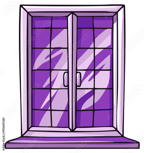 Hand drawn cartoon style purple double window with multiple glass panes and a wide sill