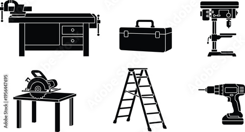 Essential workshop and construction tools silhouettes including workbench, toolbox, drill press, circular saw, ladder, and cordless drill for DIY, repair, woodworking, and industrial projects