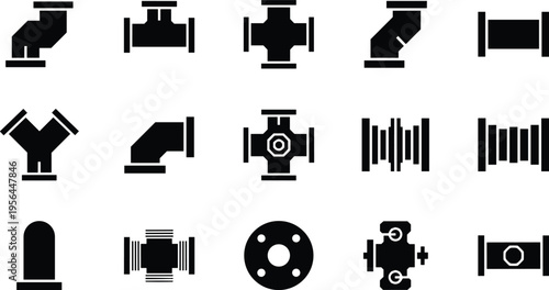 WebIndustrial pipe fittings silhouette icons set including elbows, tees, crosses, reducers, flanges, caps, 