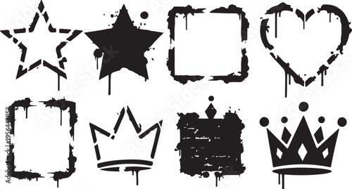 A gritty collection of stenciled shapes including red and black hearts, crowns, and squares with realistic paint drips and spray-paint textures for streetwear graphics.