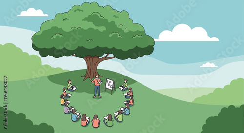 Educational Gathering Beneath a Sprawling Tree: A Scenic Illustration of Learning in Nature