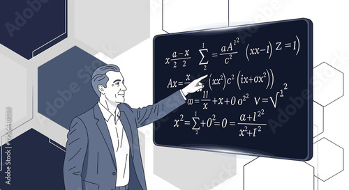 Educator presenting complex mathematical equations on a chalkboard, concept of higher learning and