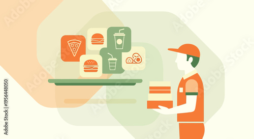 Efficient food delivery service illustration with courier and appetizing meal icons array