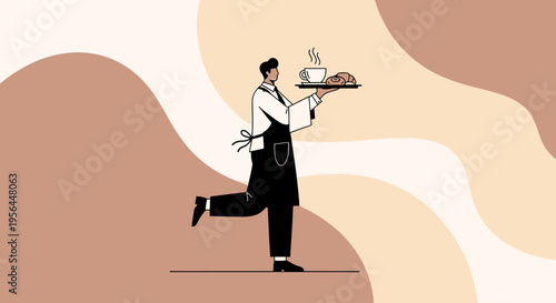 Efficient service illustration: waiter with coffee and pastry on a wavy background