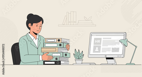 Efficient professional woman managing documents in a modern office environment illustration