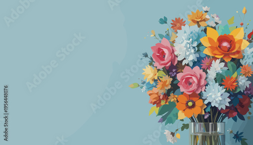 Colorful flower bouquet on a light blue background with bright floral elements and copy space
