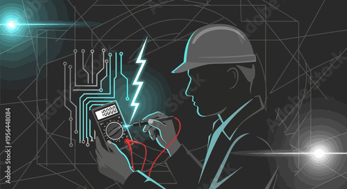 Electrical engineer inspecting circuit board with multimeter, safety first innovation concept
