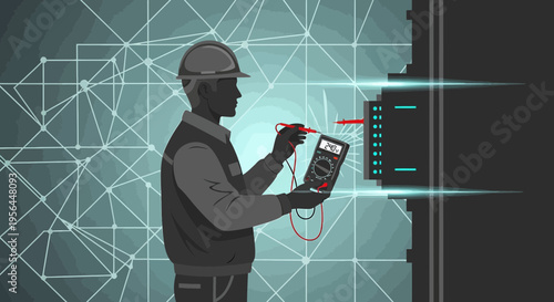 Electrical Engineer Inspecting Circuit Panel with Multimeter and Technology Background