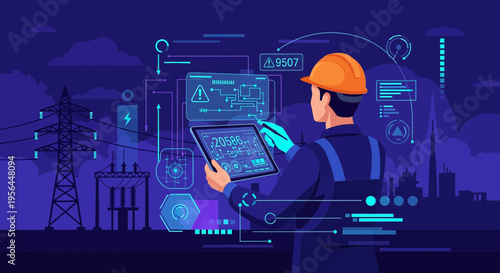 Electrical engineer overseeing power grid operations with digital technology interface showing