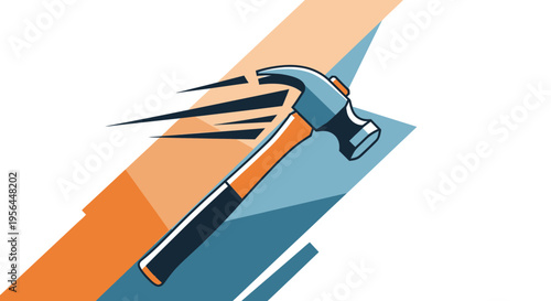 Dynamic hammer illustration with motion lines and abstract color blocked backdrop