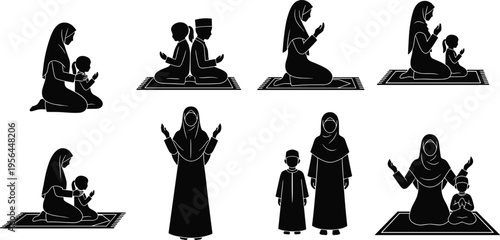 Muslim Family Praying Silhouette Set with Mother and Children Sitting on Prayer Mat Performing Dua and Islamic Worship Ritual Icons