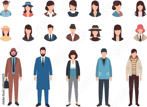 People avatars and full body characters set with diverse men women portraits modern flat vector illustration collection