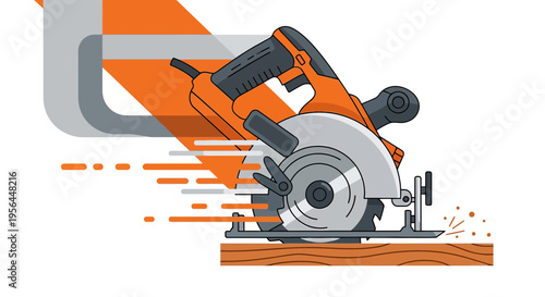 Dynamic illustration of a modern circular saw in action with stylized motion blur creating cutting
