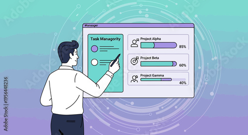 Dynamic project manager overseeing task progression and project status with modern interface