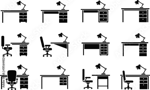 Office desk silhouettes, workspace furniture, ergonomic design, computer desk illustration, office chair, desk lamp, drawers, workstation setup, home office decor