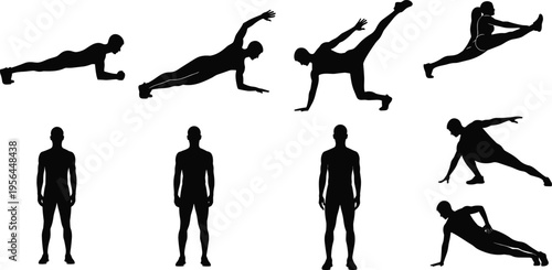 Push up exercise silhouettes set, bodyweight strength training collection, male fitness workout poses, home workout illustration isolated for muscle endurance and health