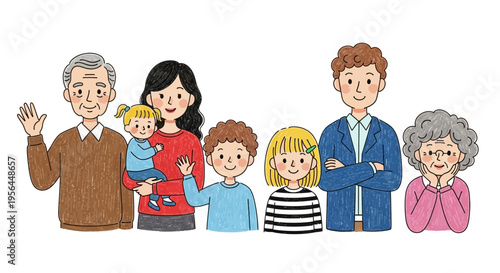 A cartoon illustration of a multi generational family standing together
