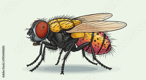 Detailed illustration of a colorful fly with distinctive red eyes and yellow wings