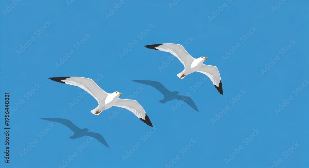 Obraz premium three white seagulls flying in clear blue sky