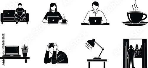 Remote work silhouettes, home office icons, laptop user, coffee cup, desk lamp, stressed worker, window view, productivity, study illustration