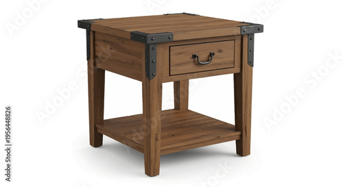 Brown wooden side table with drawer and shelf