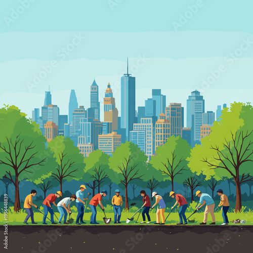 Volunteers planting trees in a city park with a skyline backdrop