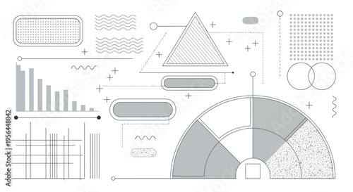 Set of grey and white technical drawing elements and diagram components