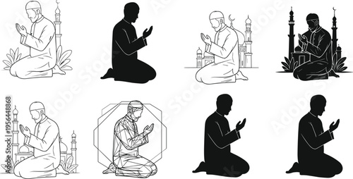 Muslim Man Praying in Mosque Silhouette and Line Art Vector Set for Islamic Religious Festivals Ramadan Kareem and Eid Mubarak