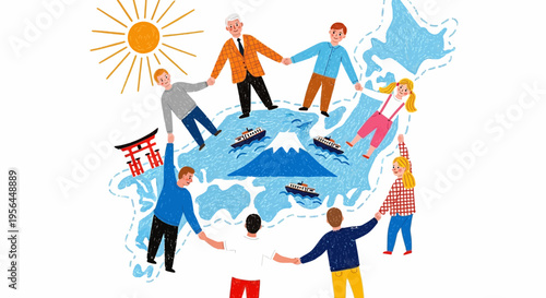 Illustration of diverse people holding hands around a world map with sun