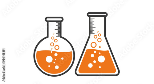 Two laboratory beakers with orange liquid and bubbles