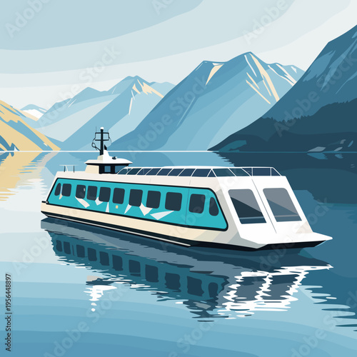 Futuristic ferry on calm waters with mountains in the background