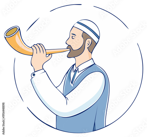 Bearded man in kippah blowing traditional shofar horn for Jewish religious festival celebration