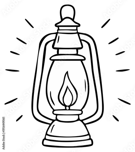Vintage kerosene lantern shines with bright flame in a simple line drawing