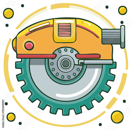 Cartoon circular saw illustration. Design of orange and green power tool with graphic elements.