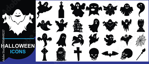 Halloween Design Pack Scary Pumpkin Ghost Witch Broom Skull Bat Spider Haunted House Trick or Treat Horror Night Party Decoration Vector Illustration Clipart Elements Collection.

