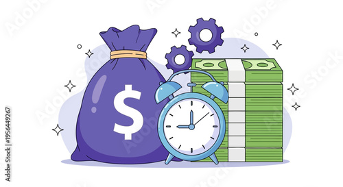Colorful illustration of a money bag, clock, and cash