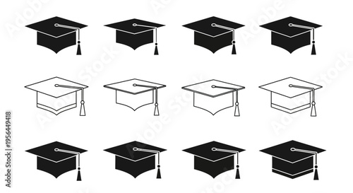 Collection of graduation caps and diplomas in various styles and colors