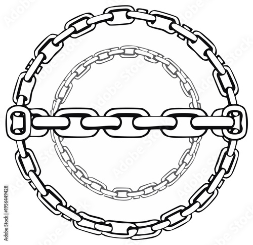 Interlocking metal chain links forming concentric circles and a horizontal line