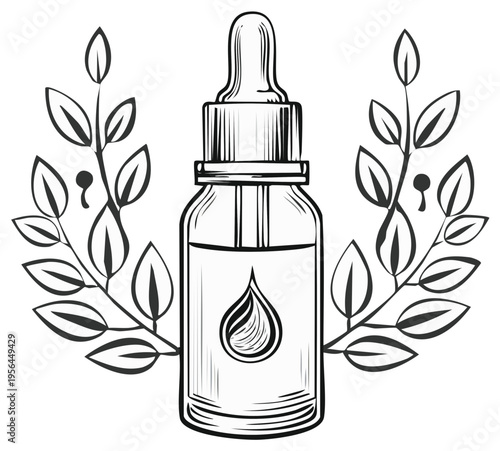 Essential Oil Dropper Bottle Surrounded by Botanical Elements and Leafy Branches