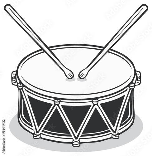 Illustration of a cartoon snare drum with drumsticks.