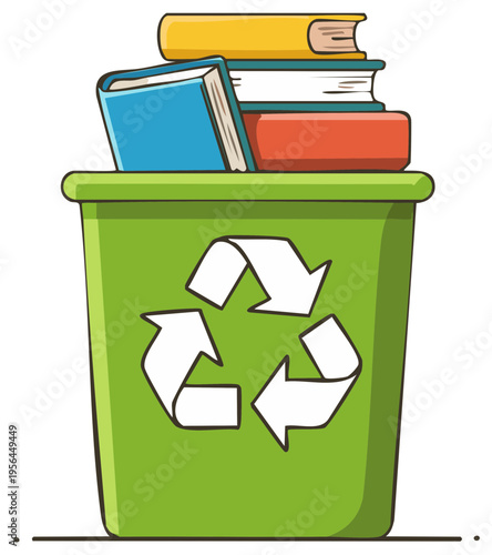 Stack of books piled inside a green recycling bin with the universal recycling symbol