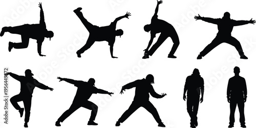 Set of Hip Hop Breakdance Silhouettes Featuring Male Dancers in Urban Street Dance Poses Action Moves and Creative Graphic Elements