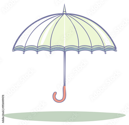 Illustrated green parasol with a coral handle, open ready for rain