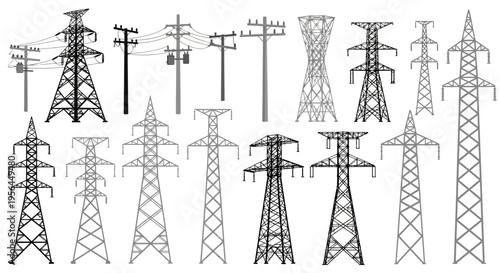 Variety of power line towers and utility poles in different designs