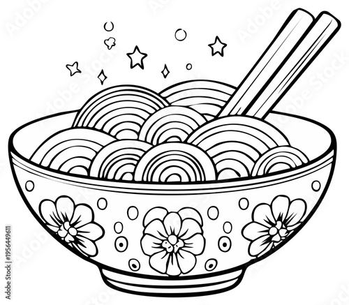 Whimsical Line Art Bowl of Noodles with Chopsticks and Stars