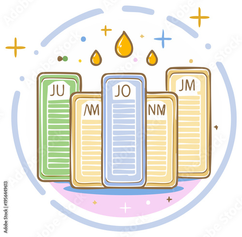 Vibrant cartoon illustration of colorful cosmetic serum sachets with sparkling golden oil drops