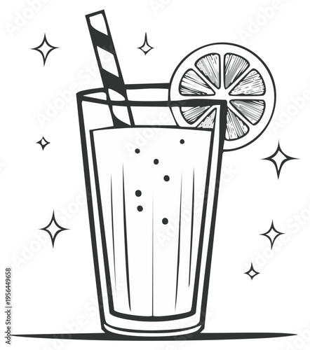Refreshing Tall Glass of Lemonade with Citrus Slice and Striped Straw Sparkle